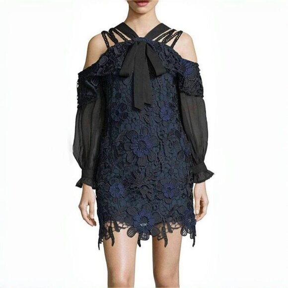Self-Portrait Dresses & Skirts - NWT Self Portrait Navy 3D Cold Shoulder Floral Guipure LACE Mini Dress Sz 8